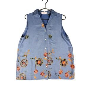 Ana & Rose Blue Floral Embroidered Sleeveless Button Down Blouse Top Large